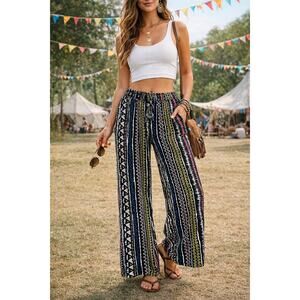 Boho Tribal Print Wide Leg Pants | Multicolor Stretch Waist | Size M 7/9